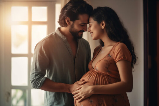 Adult couple expecting a baby while husband caresses the belly of his pregnant beautiful woman. Lovely handsome man touching belly of his girlfriend and feeling baby movement. AI Generative
