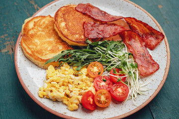 Breakfast Pancakes with Bacon and Scrambled Eggs