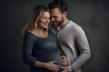 Adult couple expecting a baby while husband caresses the belly of his pregnant beautiful woman. Lovely handsome man touching belly of his girlfriend and feeling baby movement. AI Generative