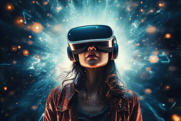 Woman wearing virtual reality goggles standing in outer space. Generative AI