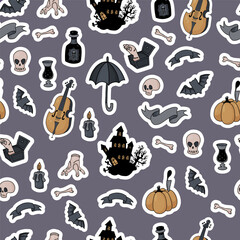 Seamless pattern gothic Halloween. Spooky house, bats, rum, cello, hand thing, pumpkin and skulls with bones on gray background. Vector illustration in sticker style for festive design