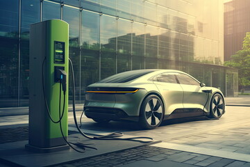 Ev charging station, green energy power, ev car - obrazy, fototapety, plakaty