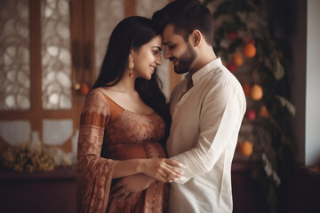 Adult couple expecting a baby while husband caresses the belly of his pregnant beautiful woman. Lovely handsome man touching belly of his girlfriend and feeling baby movement. AI Generative