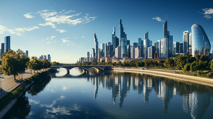 Fototapeta na wymiar city panorama with skyscraper buildings, daylight made by AI generated