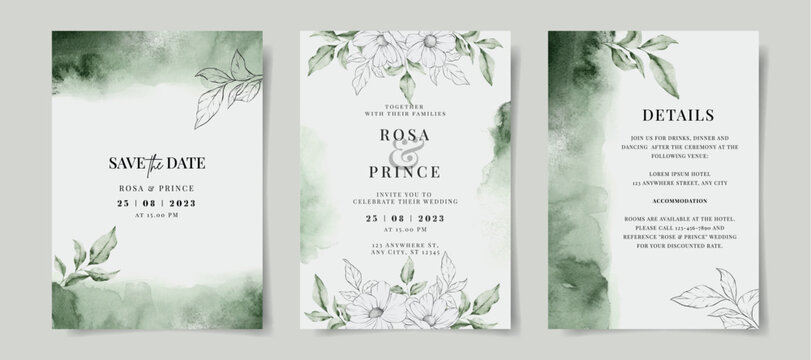 Elegant watercolor wedding invitation with hand drawn floral and leaves