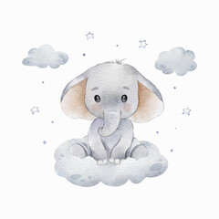 Cute baby elephant watercolor illustration