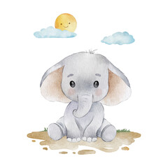 Cute baby elephant watercolor illustration