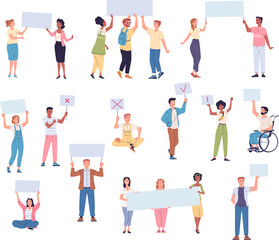 Protesters holding placards. People with protest signs banner or poster for demonstration political campaign human rights parade student social activists classy vector illustration