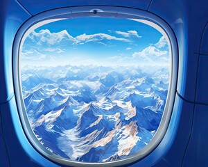 A plane window reveals a mountain range against a blue sky. (Generative AI)