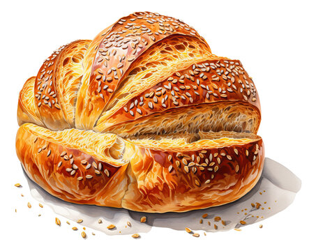 Watercolor drawing of german brotchen kranz bread isolated.