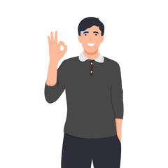 Happy man with win or ok gesture. Young man showing Approved, Accepted, Liked and Excellent sign. Hand communication icon. Flat vector illustration isolated on white background