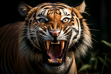 Obraz premium Powerful Wild Tiger Closeup The Fierce King of the Jungle in its Natural Habitat, Ai Generative
