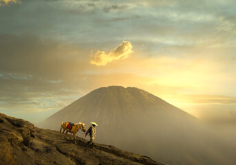 Horsemen man with horse is enjoying sunrise from Mount Bromo, Indonesia.