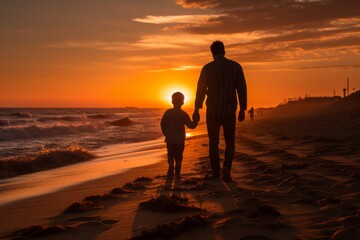 Father And Son On Beach At Sunset, Generative AI