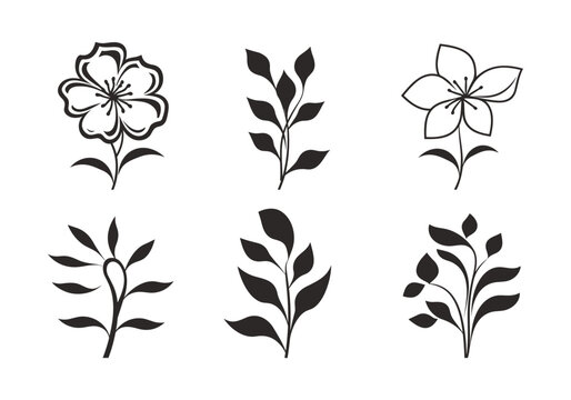Set of flower design in flat black color vector illustration