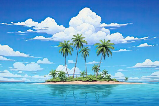 A tropical island scene with three palm trees and blue skies and water. (Generative AI)