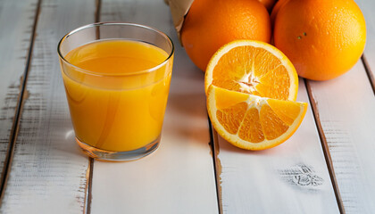 Ripe bio oranges and a glass of fresh squeezed orange juice on white wooden background. Organic Sicilian oranges