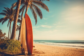 Vintage Surfboard And Palm Tree, Generative AI.