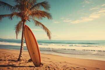 Vintage Surfboard And Palm Tree, Generative AI.
