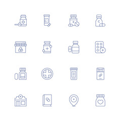 Pharmacy line icon set on transparent background with editable stroke. Containing dose, drugs, pills, vitamin c, online pharmacy, pharmacy, pill, tablets, medicine, book, jar.