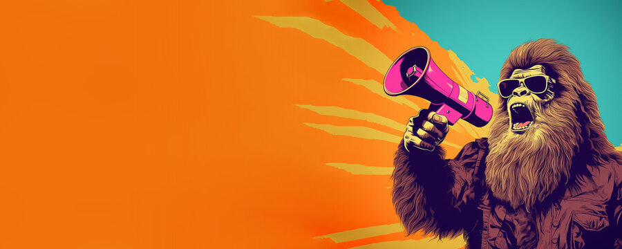 Cool bigfoot holding a megaphone. Pop art sale graphic. Generative AI banner