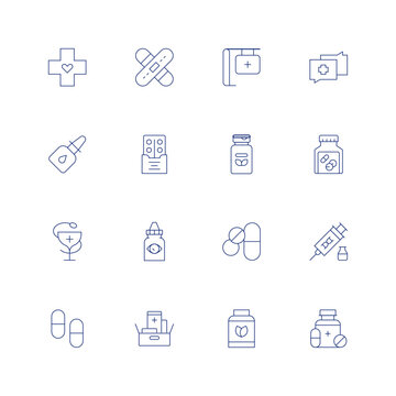 Pharmacy line icon set on transparent background with editable stroke. Containing cross, bandage, pharmacy, diagnosis, nasal spray, tablet, supplement, medicine, hygeia, eye drop, medicines.
