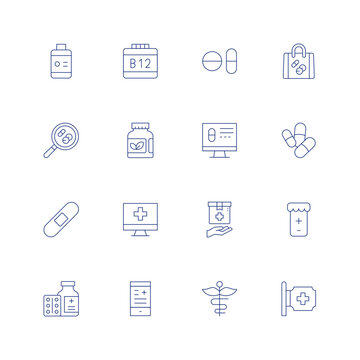Pharmacy line icon set on transparent background with editable stroke. Containing medicine, pills, shopping bag, search, supplement, online pharmacy, supplements, bandage, medicine box, pharmacy.