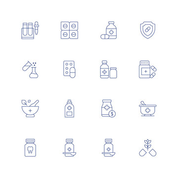 Pharmacy line icon set on transparent background with editable stroke. Containing vaccine, pills, medicine, shield, mixing, drug, syrup, mortar, hand sanitizer, price, pill.