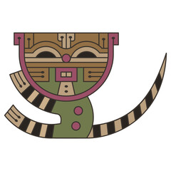 Funny stylized tabby kitten or cat with striped tail. Native American animal motif from ancient Paracas, Peru. Isolated vector illustration.