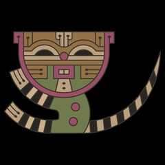 Funny stylized tabby kitten or cat with striped tail. Native American animal motif from ancient Paracas, Peru. On black background.
