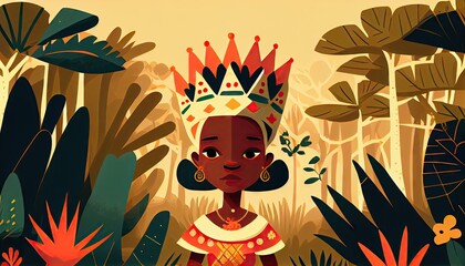 Pretty cartoon black skin African or Jamaican princess character in the abstract flower forest with serene face. Fairytale kids baby or children book style character. Generative AI