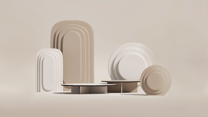 Fototapeta premium Minimal scene with arch podium and abstract background. Pastel cream and beige scene. Mock up for the exhibitions, presentation of products, therapy, relaxation, health. 3d render