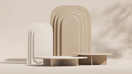 Minimal scene with arch podium and abstract background. Pastel cream and beige scene. Mock up for the exhibitions, presentation of products, therapy, relaxation, health. 3d render