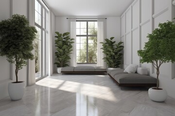 cozy living room with plants and furniture. Generative AI