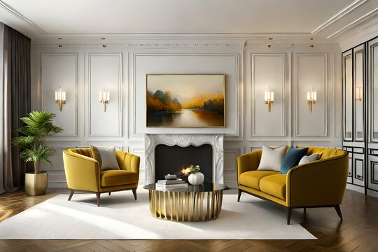 Luxury premium living room with two yellow mustard armchairs and a golden brass table. Painted accent empty wall for art. Mockup space ivory beige brown color