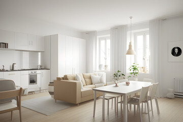 Fototapeta premium interior design spacious bright studio apartment in Scandinavian style and warm pastel white and beige colors. trendy furniture in the living area and modern details in the kitchen area. modern room.