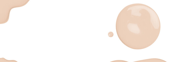Light Nude liquid foundation, concealer smear smudge drop. bb cream swatch sample isolated on white background. Cosmetic liquid foundation, moisturizer, banner, top view. Space for text cover