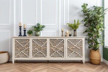 minimalist white sideboard with a green plant accent. Generative AI