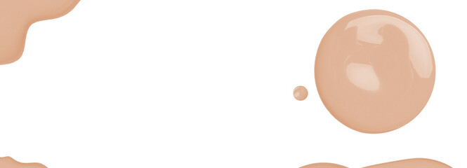 Medium Nude liquid foundation, concealer smear smudge drop. bb cream swatch sample isolated on white background. Cosmetic liquid foundation, moisturizer, banner, top view. Space for text cover