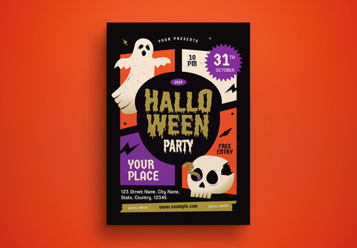 Black Flat Design Halloween Party Flyer Layout