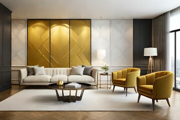 Luxury home living room with two yellow mustard armchairs and a golden brass table. Dark room interior design