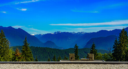 Scenic view of North Shore mountains, BC, as seen from Simon Fraser University on a sunny summer morning.