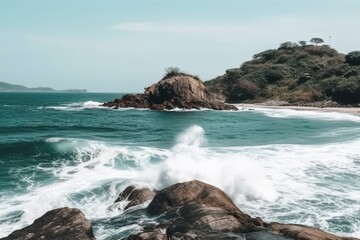 Fototapeta na wymiar serene coastal landscape with calm waters and rocky cliffs. Generative AI