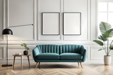 Two blank picture frame mockup in home interior design. Living room, commode with lamp and vases. View of modern scandinavian style interior