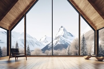spacious room with a breathtaking view of majestic mountains through a large window. Generative AI