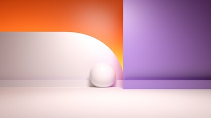 White sphere geometric composition near orange and lilac wall for mockup. AI generation 