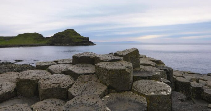 Hexagonal-shaped basalt rocks - the legendary landmark of Northern Ireland.
