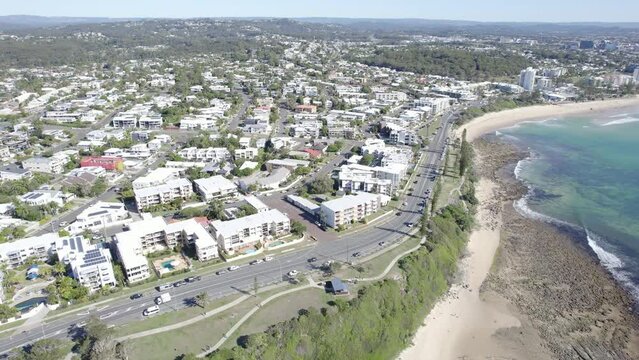 Suburban Beachfront of Mooloolaba Beach, Maroochydore in the Sunshine Coast of Queensland, Australia. aerial orbit