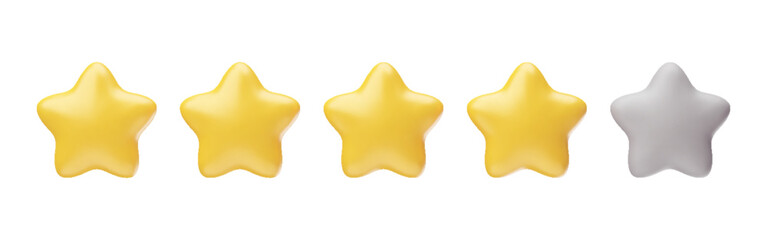 Glossy metallic rating stars 3d realistic style rendering. Game achievement, positive feedback, user experience, bad rating, performance evaluation vector illustration isolated on white background