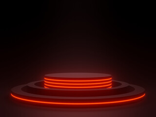 3D black geometric podium with red neon lights. Sci-Fi mock up.
